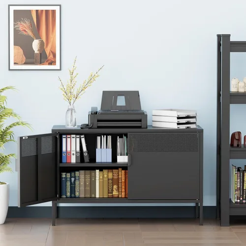 Vista 2 de Gabinete de almacenamiento de metal ancho negro, gabinete de acento de 2 puertas para el hogar y la oficina, gabinete de metal bajo de 2 niveles