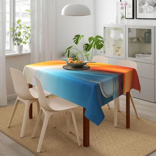 Vista 2 de Mantel rectangular moderno con diseño de arte fluido, naranja, azul, degradado, poliéster, impermeable, reutilizable, patrón abstracto de ondas