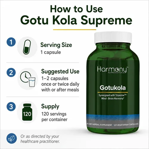 Vista 4 de Harmony Nutraceuticals Gotu Kola Supreme, Centella asiática con triperina, 120 cápsulas vegetarianas, fabricadas en Estados Unidos