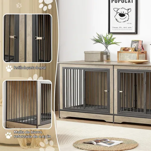 Vista 2 de Rovibek Mueble doble para perros de 75 pulgadas para 2 perros grandes, muebles resistentes, estilo jaulas para perros, mesa auxiliar, jaulas