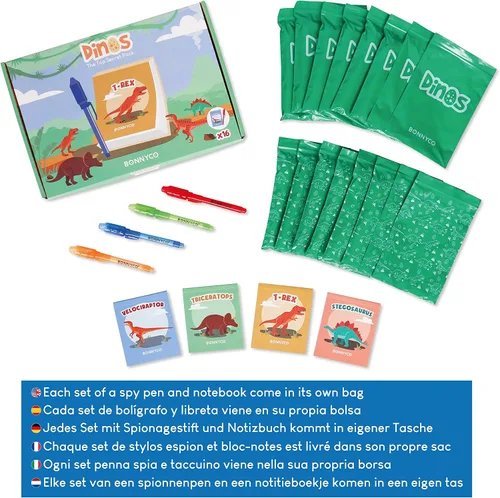 Vista 6 de BONNYCO - Bolígrafo de tinta invisible y cuaderno; paquete de 16 unidades de recuerdos de fiesta de dinosaurios para niños; suministros para fiestas