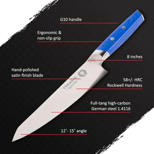 Vista 12 de YOKASHI Excalibur Cuchillo de Chef - Cuchillo de cocina de acero alemán duradero de 8 pulgadas - Cuchillo de cocina afilado para picar, rebanar
