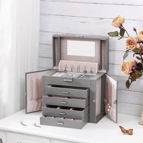 Vista 2 de BEWISHOME Joyero organizador de caja de joyería con cajones caja organizadora de collares regalo ideal para mujeres y niñas con espejo de cerradura