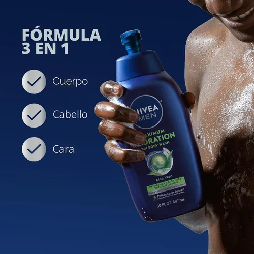 Vista 3 de Nivea Men Gel de baño de máxima hidratación para piel seca, enriquecido con aloe vera, gel de baño hidratante 3 en 1, cara y cabello, sin parabenos