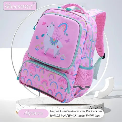 Vista 4 de Moonmo Mochila para niños para estudiantes de primaria, bolsa impermeable para preescolar, rosado, Mochila escolar