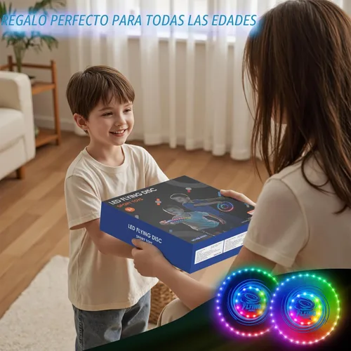 Vista 9 de HYES Paquete de 2 discos voladores iluminados para niños, 45 LED, 14 modos de iluminación, anillo volador recargable que brilla en la oscuridad