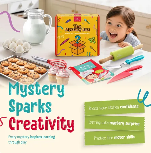 Vista 4 de Baketivity Caja misteriosa – Utensilios de cocina reales para niños – Accesorios de cocina seguros, duraderos y divertidos – Regalo para jóvenes