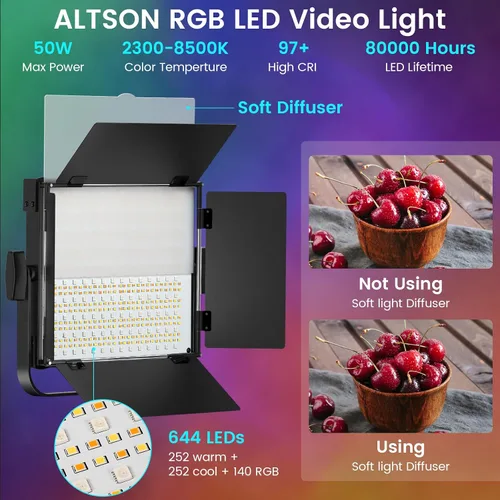 Vista 3 de Kit de Iluminación RGB para Fotografía, Luces LED Profesionales de Estudio de 50W Bi-Color, Luces Foto Dimmables de 2300k~8500k para Fotografía