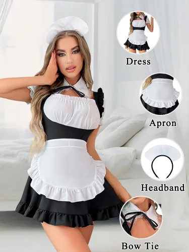 Vista 5 de Sexy French Maid Costumes for Women Role Playing Maid Outfit with Lace Trim Cute Bow Collar Naughty Maid Dresses