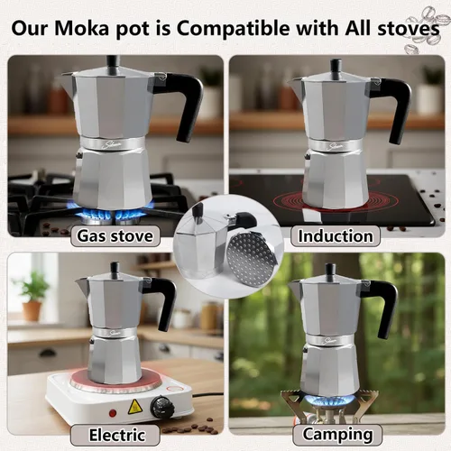 Vista 2 de Cafetera de café expreso italiano para estufa de 3 tazas, cafetera cubana, olla Greca Mocha (básica, 5 oz/5.1 fl oz)