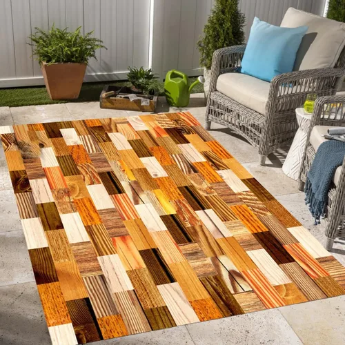 Vista 7 de Alfombra rústica impermeable de grano de madera marrón con estampado de tablero de madera antigua, para balcón, porche, patio, terraza, lavable