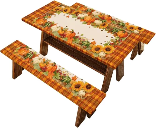 Vista 17 de Juego de 3 calcetines de árbol de Navidad de dibujos animados y galletas, funda de mesa de picnic ajustable con funda de banco, manteles Calcetines