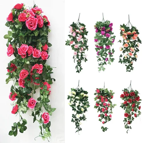 Vista 2 de FRAKYEN Flores artificiales, flores falsas, rosas, vides, colgantes, flores, orquídeas, cesta colgante, flor para decoración de mesa de jardín