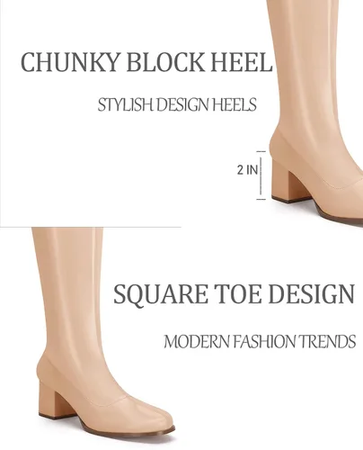 Vista 5 de Coutgo Botas altas Gogo para mujer, punta cuadrada, tacón grueso, charol y cremallera sobre la rodilla