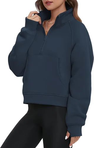 Vista 2 de ATHMILE Sudaderas para mujer, sudaderas cortas con capucha y media cremallera, forro polar, suéter con cremallera de un cuarto, suéter de moda