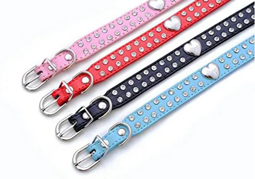Vista 5 de Lindo collar de perro de 2 filas de diamantes de imitación con forma de corazón tachonado para perro pequeño o mediano, azul, XS