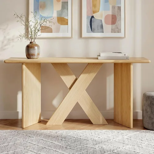 Vista 47 de 50" Modern Art Sculptural Console Table, Oval Cutout Legs, Wood Veneer, Thick Rounded Tabletop, Contemporary Entryway Sofa Table for Living Room