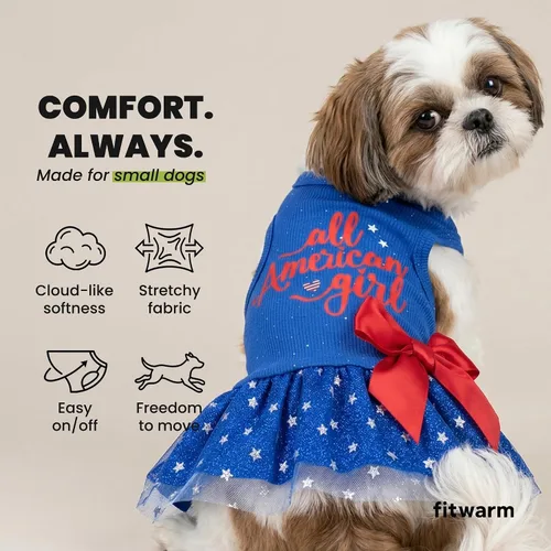 Vista 6 de Fitwarm All American Girl Vestido para Perros - Vestido Patriótico de Tul para Perros Pequeños, Azul Real, Rojo, Blanco, XXS