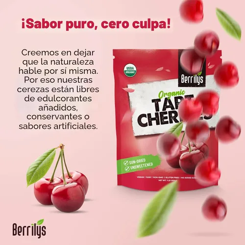 Vista 3 de Berrilys Cerezas ácidas secas orgánicas sin azúcar, 1 libra, (16 onzas), sin azúcar añadido, perfectas para hornear, aperitivos y ensaladas, sin
