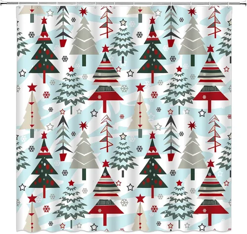 Vista 2 de GCTNBJL Cortina de ducha de árbol de Navidad, color rojo, gris, verde, árbol de Navidad, copo de nieve, estrella, vacaciones de invierno, feliz