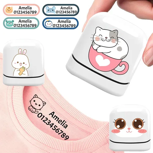 Vista 8 de Sello de nombre para ropa para niños, sello con nombre personalizado, impermeable, 4 colores y 36 patrones de dibujos animados (concha de sello azul)