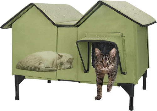 Vista 10 de Casa climatizada para gatos en invierno exterior, casa para gatos climatizada extra grande, resistente a la intemperie, cama elevada, puerta