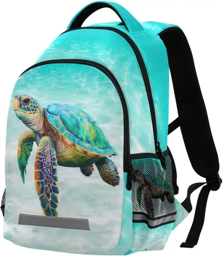 Vista 8 de Mochila para niños y niñas, mochila de viaje con flores de caballo blanco, mochila de escuela primaria para niños y niñas, tortuga marina, Mochilas