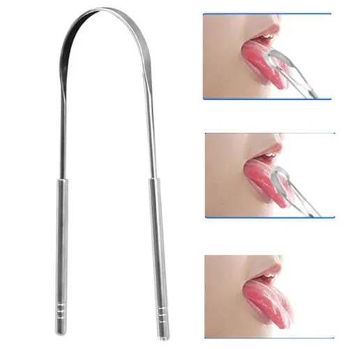 Vista 7 de Raspador de lengua de acero inoxidable, limpiador de lengua para adultos, rascador de lengua semicírculo, limpiador de lengua para curar el mal