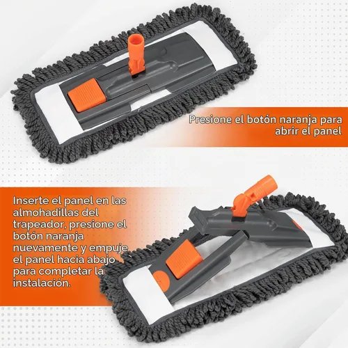 Vista 6 de Trapeador de polvo para limpieza de suelos con 3 almohadillas lavables y mango de acero inoxidable de 55 pulgadas de largo, mopa de microfibra