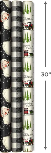 Vista 6 de Hallmark - Papel de regalo de Navidad negro con líneas de corte en el reverso (3 rollos: 11.2 m2) Papá Noel retro, cuadros de búfalo blanco y negro
