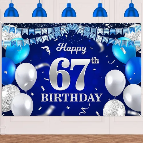 Vista 60 de Bandera de feliz primer cumpleaños con fondo azul marino, globos, confeti, bandera de rayas, luces de puntos, felicitaciones por el tema de 1 año