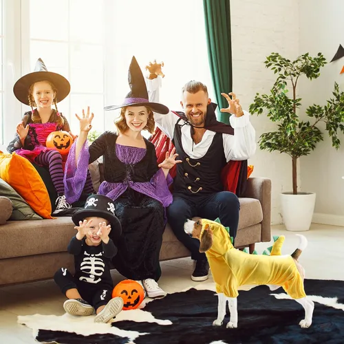 Vista 3 de NACOCO Disfraz de dinosaurio para perro de Halloween, diseño de ropa para mascotas, sudadera con capucha amarilla para perros medianos y grandes
