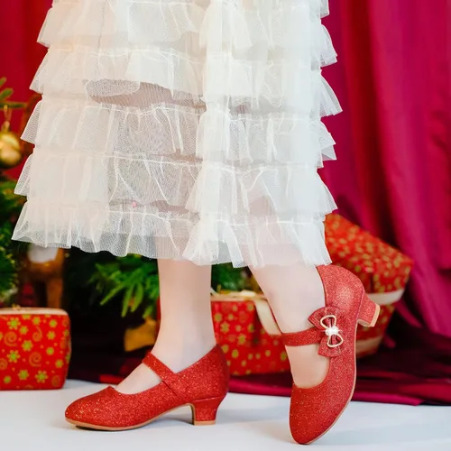 Vista 2 de Dufannie Zapatos de vestir para niñas, zapatos de tacón bajo de princesa, zapatos planos con purpurina para bodas y fiestas