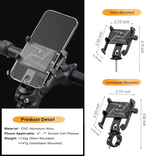 Vista 2 de Soporte de aluminio para teléfono de bicicleta, soporte ajustable de 360° para teléfono celular, soporte universal para iPhone, Samsung Galaxy