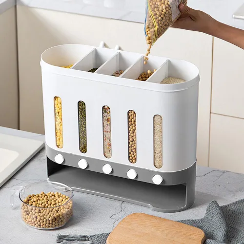 Vista 5 de Dispensador de cereales montado en la pared de 19.8 lbs, dispensador de alimentos secos de 5 rejillas, contenedor de almacenamiento de granos