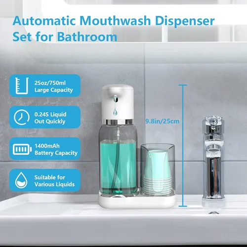 Vista 2 de Dispensador Automático de Enjuague Bucal Luvan para Baño, 25oz (750ml) Dispensador Inteligente de Enjuague Bucal con Portavasos, Sensor Infrarrojo