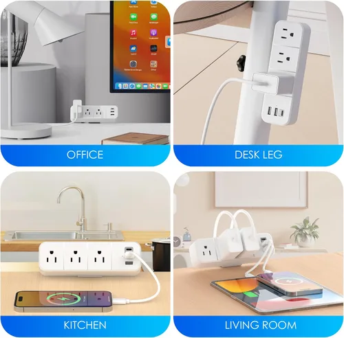 Vista 7 de Regleta de alimentación con abrazadera de escritorio con 2 puertos USB-A y 1 USB-C, 3 salidas de CA, cable de 6 pies, se adapta a borde de mesa