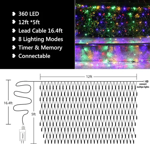 Vista 4 de LYHOPE - Luces de red de Navidad de 12 x 5 pies, 360 luces LED, 8 modos, luces de malla de alambre verde de bajo voltaje para decoraciones