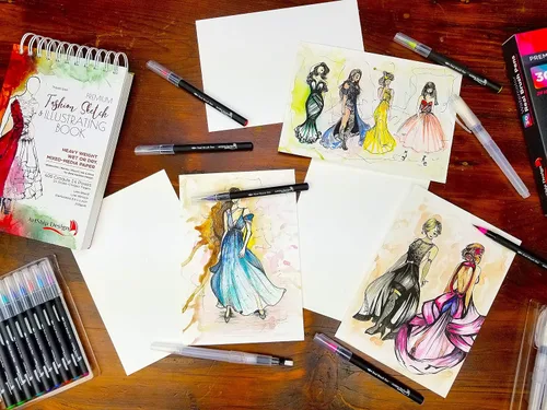 Vista 3 de Cuaderno de bocetos de moda 400 plantillas de figuras, tapa dura premium, papel multi-medio de peso pesado (tamaño de viaje 8.5x6)