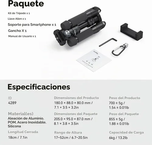 Vista 10 de SmallRig VT-20 Mini Trípode de Aluminio, Trípode de Escritorio de 20" con Cabeza de Bola de 360°, Trípodes de Escritorio Compactos para Cámara DSLR