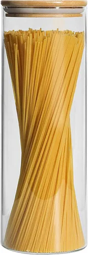 Vista 8 de Cestari Tarro de vidrio para almacenamiento de alimentos con tapa hermética de bambú, recipiente delgado de borosilicato de 24 onzas para granos