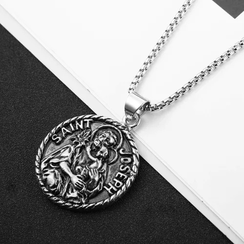Vista 5 de AsAlways Saint Joseph Collar de acero inoxidable con medalla de los santos patronos católicos, regalo de bendiciones de medallón de viajero