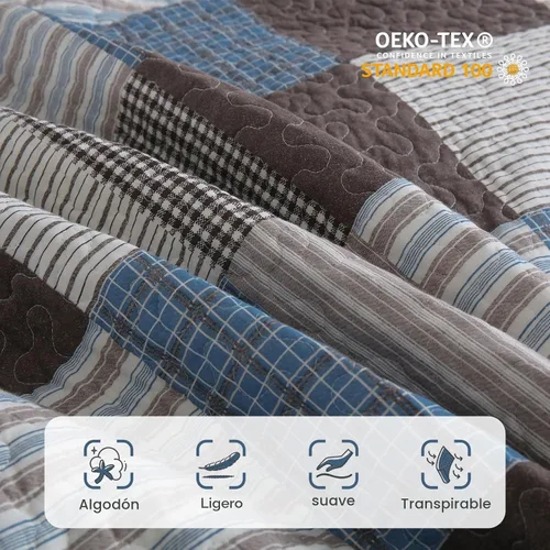 Vista 4 de Y-PLWOMEN Colchas 100% algodón tamaño Queen Farmhouse Plaid 3 piezas ropa de cama Azul y marrón