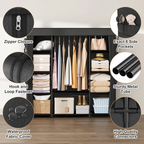 Vista 4 de Armario portátil para colgar ropa de 57.3 pulgadas, armario de gran capacidad con tapa, 8 bolsillos y 1 barra para colgar, organizador de armario