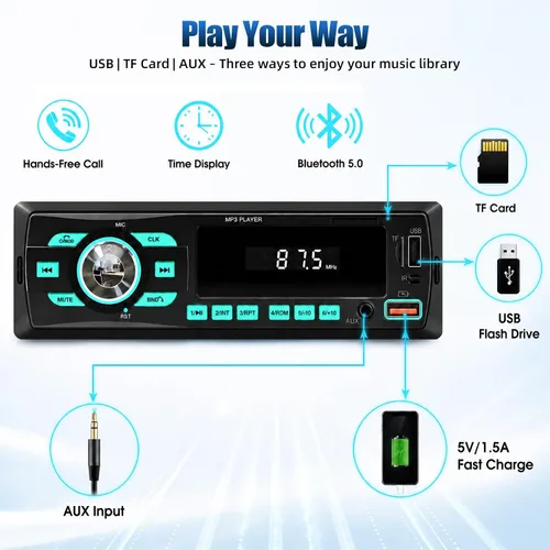 Vista 2 de Radio de coche Bluetooth Single DIN Audio estéreo para automóvil, audio para automóvil con Bluetooth dual y control de aplicaciones, compatible