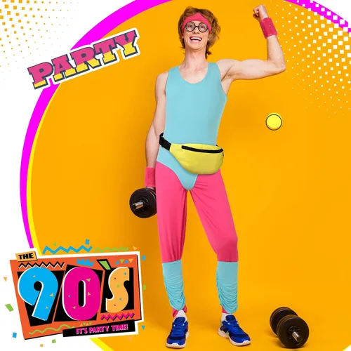 Vista 6 de Xtinmee 6 piezas de disfraz de entrenamiento de los años 80 para hombre, conjunto de traje de baño, leggings para piernas, muñequera, paquete