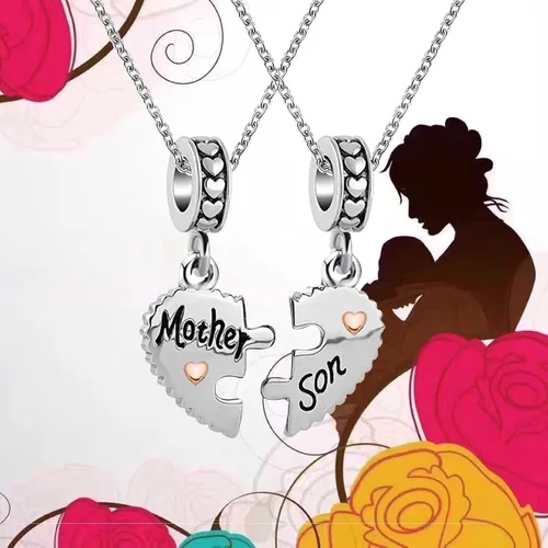 Vista 4 de KunBead Dijes de corazón para madre e hijo, rompecabezas de cuentas para mamá, conjunto de pulseras para collar, Metal, vidrio