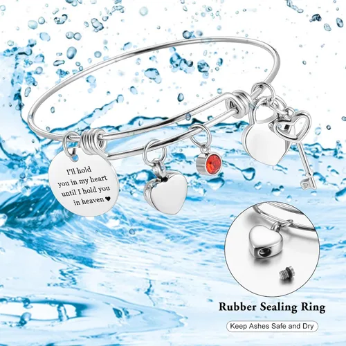 Vista 5 de Pulsera de urna para cenizas con forma de corazón para cenizas de acero inoxidable con dije de mariposa o cruz