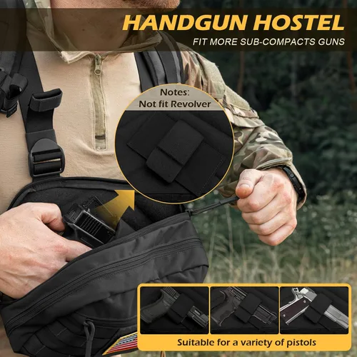 Vista 4 de Bolsa de pecho para hombre, mochila táctica para el pecho Molle con funda oculta para pistola
