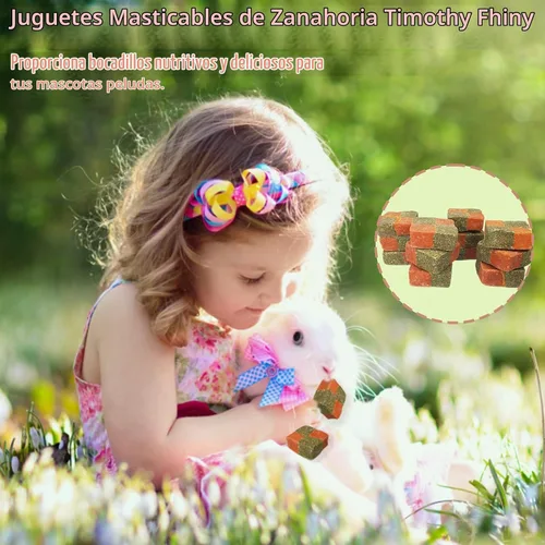 Vista 5 de Fhiny 12 piezas de juguetes masticables de zanahorias de conejo, cubos de galletas de heno Timothy naturales, golosinas molares de conejo